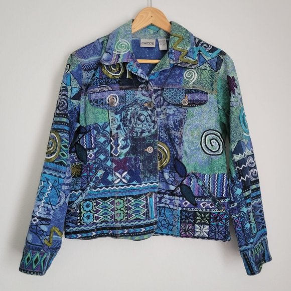 Chico's Jackets & Blazers - CHICOS Womens Denim Patchwork Jacket Sz 0 (small) Boho Artsy Teal Purple DEFECT